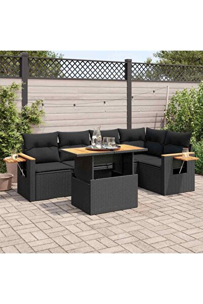 vidaxl Set mobilier gradina perne 6 piese negru poliratan/lemn acacia