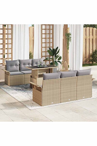 vidaxl Set de canapele pentru gradina cu perna 7 pcs Bej Poli Rattan