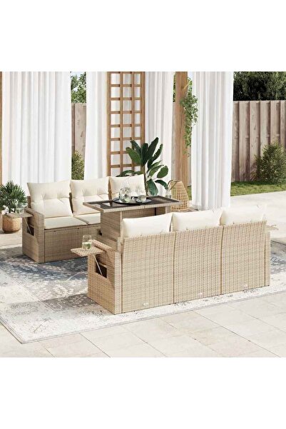 vidaxl Set canapele de gradina, 7 piese, cu perne, bej, poliratan
