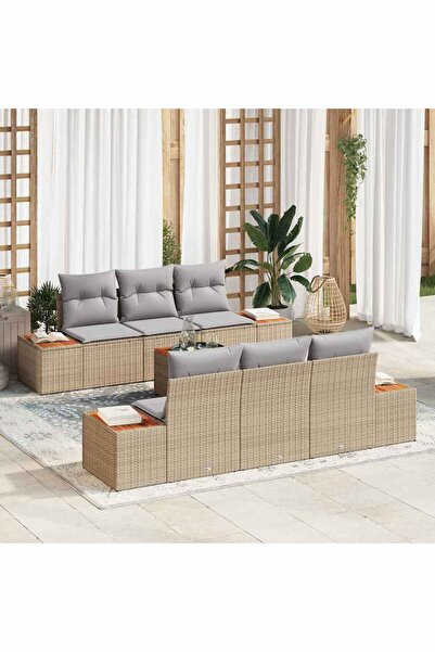 vidaxl Set de canapele pentru gradina cu perna 7 pcs Bej Rattan poli