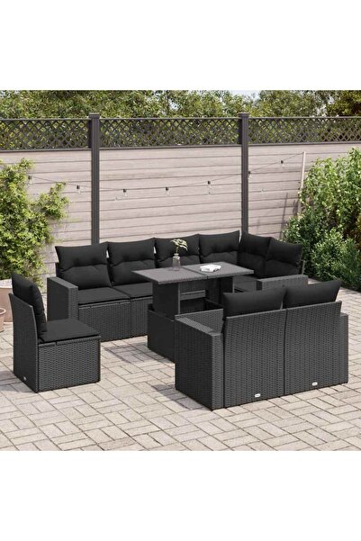 vidaxl Set mobilier de gradina cu perne, 9 piese, negru, poliratan