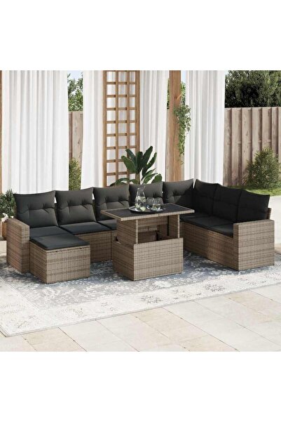 vidaxl Set canapele de gradina, 9 piese, cu perne, gri, poliratan