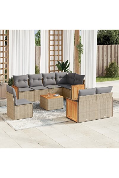 vidaxl Set canapele de gradina, 9 piese, cu perne, bej, poliratan