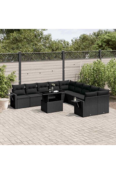 vidaxl Set canapele de gradina cu perne, 11 piese, negru, poliratan