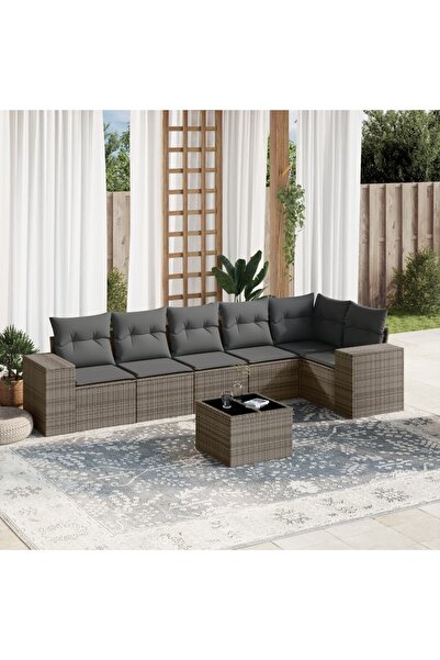 vidaxl Set canapele de gradina, 7 piese, cu perne, gri, poliratan