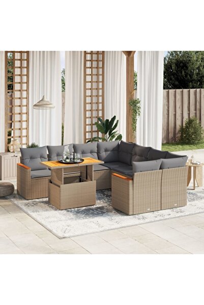 vidaxl Set canapele de gradina, 9 piese, cu perne, bej, poliratan