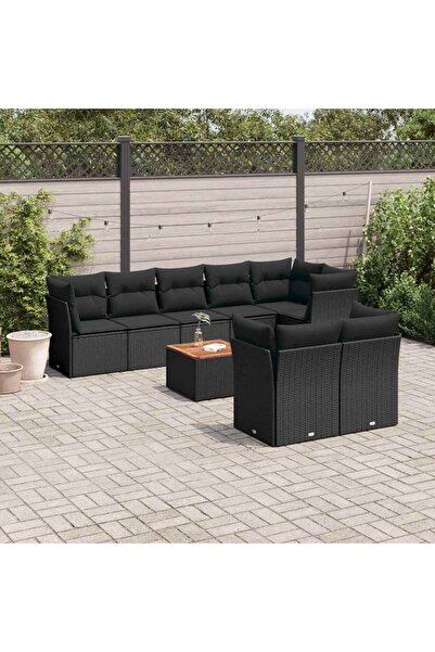vidaxl Set mobilier de gradina cu perne, 9 piese, negru, poliratan