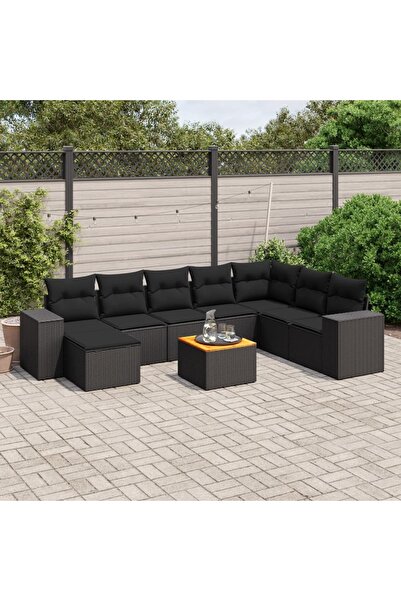 vidaxl Set mobilier de gradina cu perne, 9 piese, negru, poliratan
