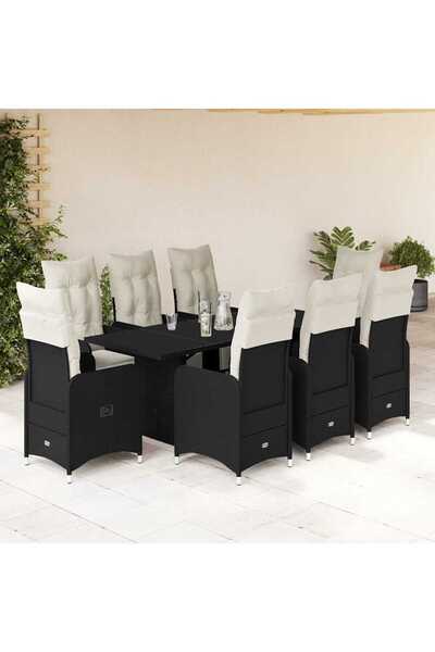 vidaxl Set bistro de gradina, 9 piese, cu perne, negru, poliratan