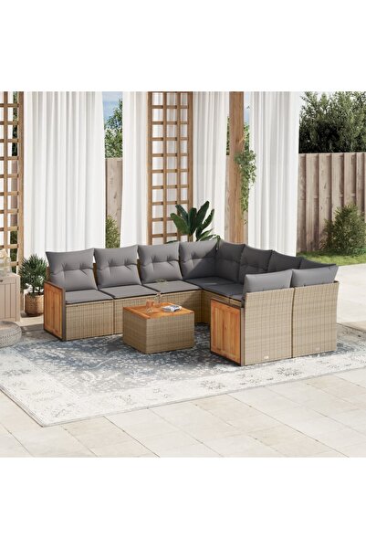 vidaxl Set canapele de gradina, 9 piese, cu perne, bej, poliratan