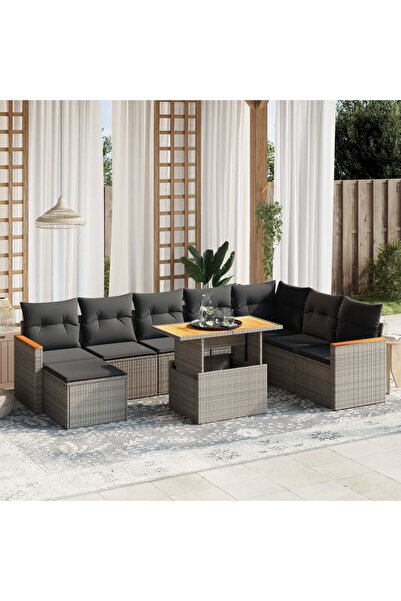 vidaxl Set canapele de gradina, 9 piese, cu perne, gri, poliratan