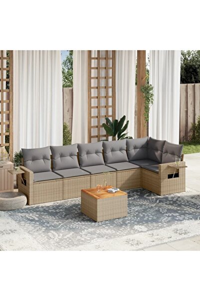 vidaxl Set canapele de gradina, 7 piese, cu perne, bej, poliratan