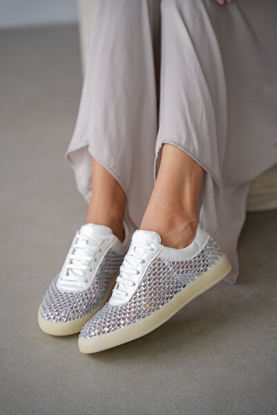 selin shoes Mirexa Taşlı Bağcık Detaylı Kadın Spor Ayakkabı- BEYAZ