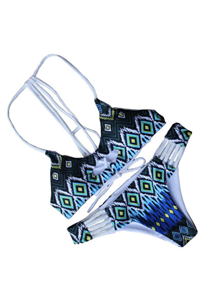 VeeShop Two-sided swimsuit, dark green geometric tribal print