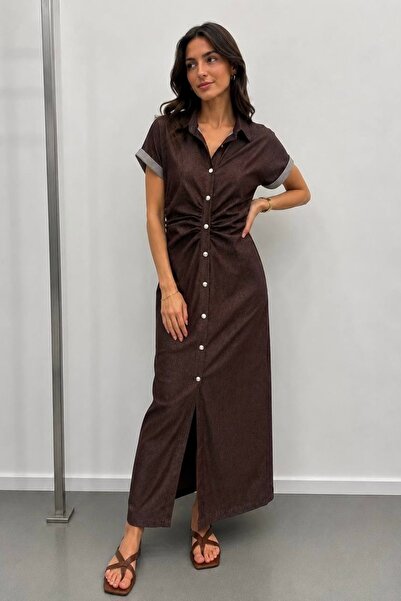 Auroveen Gathered Detailed Buttoned Jean-Look Maxi Shirt Dress Av1624