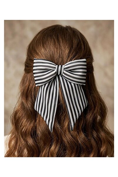 JZ MODA Black and White Striped Luxury Chiffon Bow Automatic Buckle