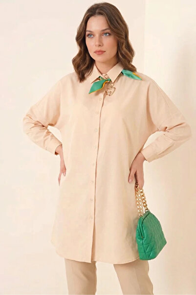 buğrahayalin Women's Shirt Collar Green and Yellow Scarf Detail Basic Cotton ...