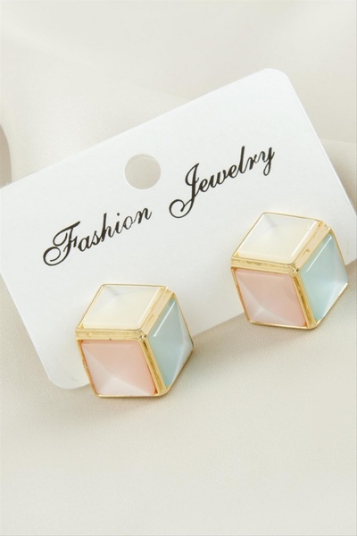 Generic Brand Flzdgnkr Cube Drop Stone Metal Earrings (120822) - White