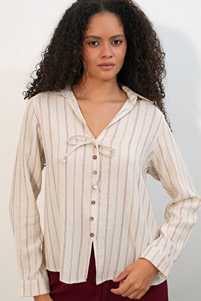 Bigdart Women's Lace-Up Striped Linen Shirt 995 - Burgundy