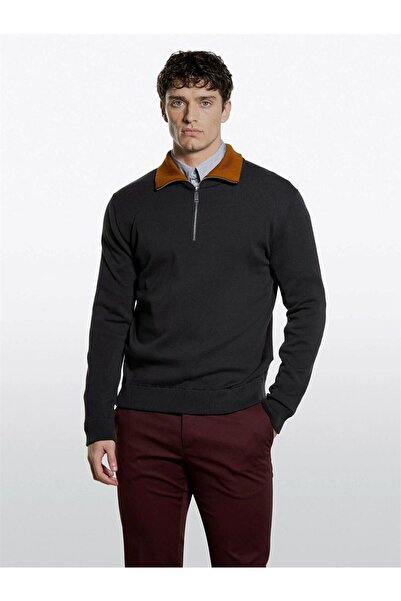 Sisley Cotton Blend Half Zipper Stand Collar Sweater Men's Dark Brown Sweater...