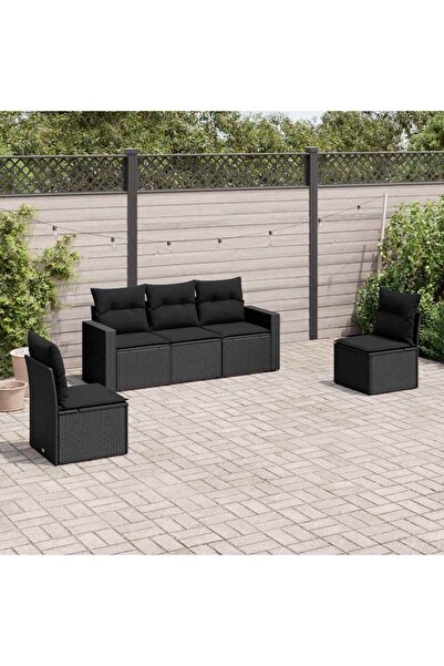 vidaxl Garden furniture set with cushions, 5 pieces, black, polyrattan