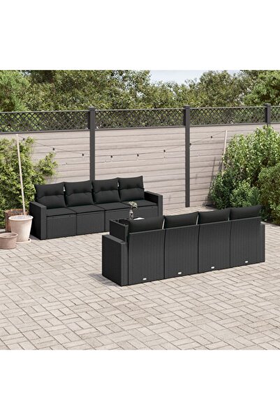 vidaxl Garden furniture set with cushions, 9 pieces, black, polyrattan