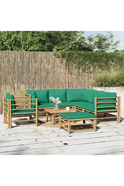 vidaxl Set mobilier de gradina cu perne verzi, 8 piese, bambus