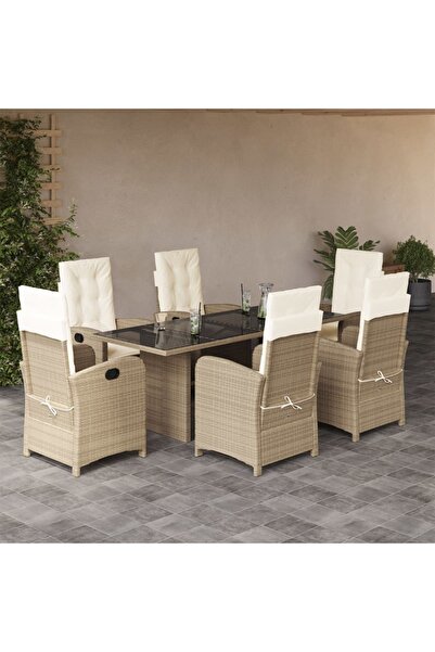 vidaxl 7-piece garden table set with cushions, beige, polyrattan