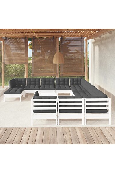 vidaxl Set mobilier de gradina cu perne, 13 piese, alb, lemn de pin