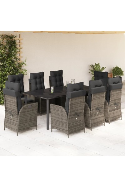 vidaxl Garden furniture set with cushions, 9 pieces, grey, polyrattan
