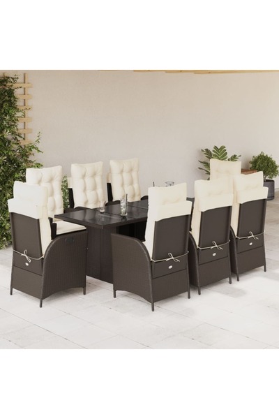 vidaxl Garden furniture set with cushions, 9 pieces, brown, polyrattan