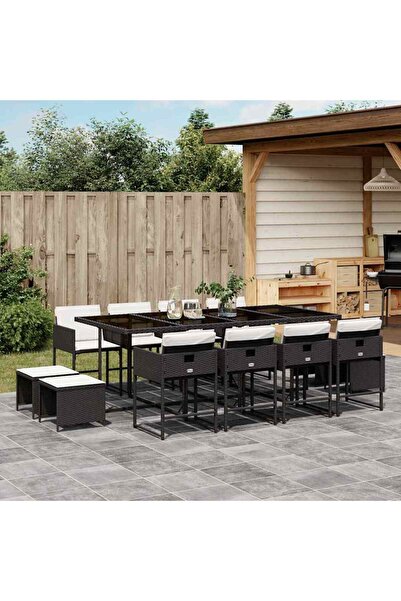 vidaxl Garden furniture set with cushions, 13 pieces, black, polyrattan