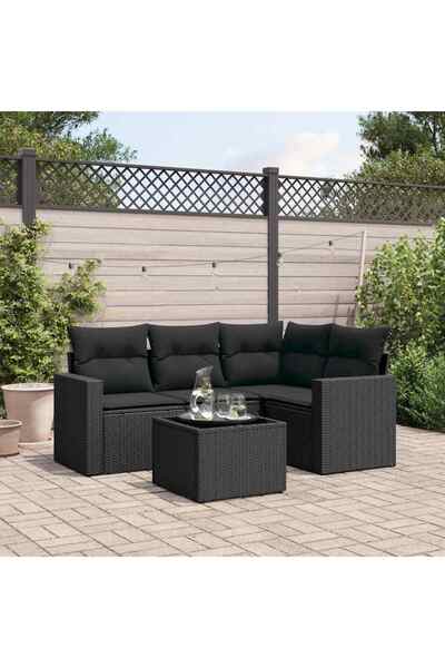 vidaxl Garden furniture set with cushions, 5 pieces, black, polyrattan