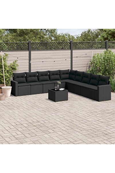 vidaxl Set canapele de gradina cu perne, 10 piese, negru, poliratan