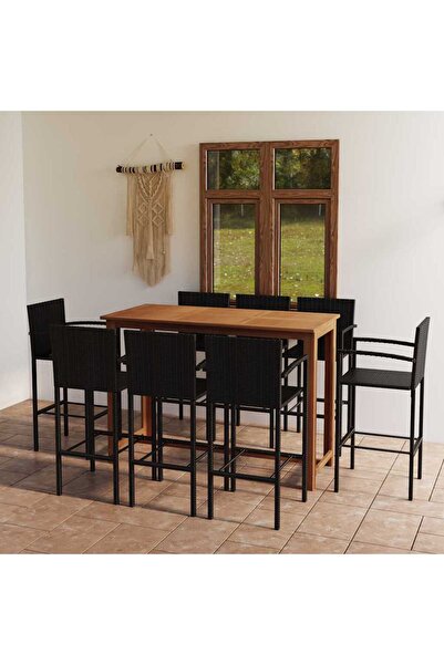 vidaxl Garden bar furniture set, 9 pieces, black