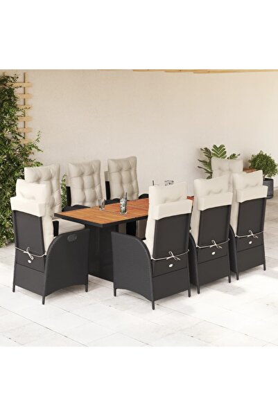 vidaxl Garden furniture set with cushions, 9 pieces, black, polyrattan