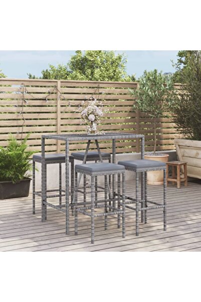 vidaxl Set mobilier bar de gradina, cu perne, 5 piese, gri, poliratan