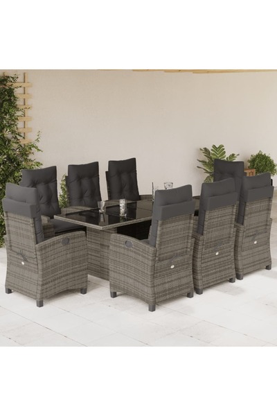 vidaxl Garden furniture set with cushions, 9 pieces, grey, polyrattan