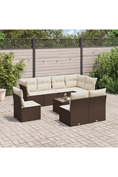 vidaxl Garden sofa set with cushions, 9 pieces, brown, polyrattan