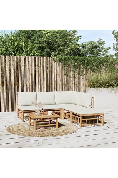 Concept Set mobilier de grădină cu perne alb crem, 6 piese, bambus