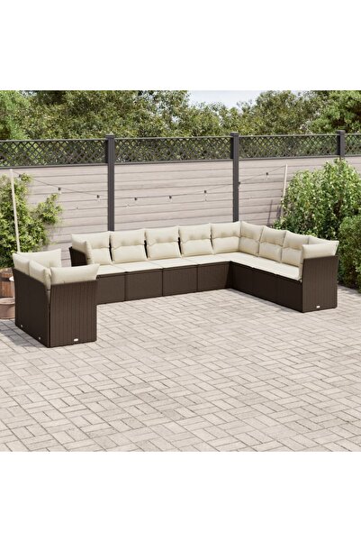 vidaxl Garden sofa set with cushions, 10 pieces, brown, polyrattan