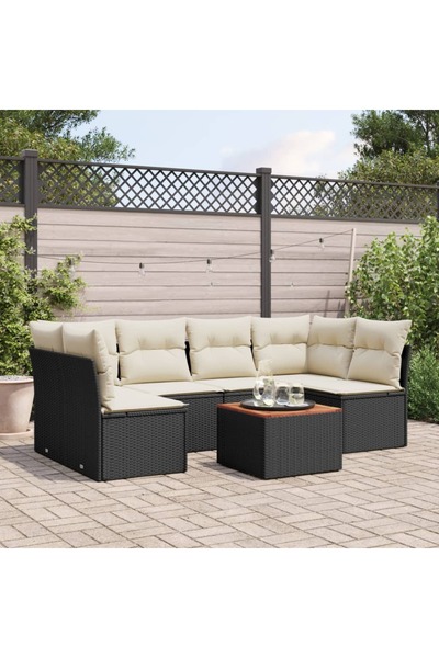 vidaxl Garden sofa set with cushions, 7 pieces, black, polyrattan