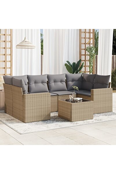 vidaxl Garden sofa set, 7 pieces, with cushions, beige, polyrattan