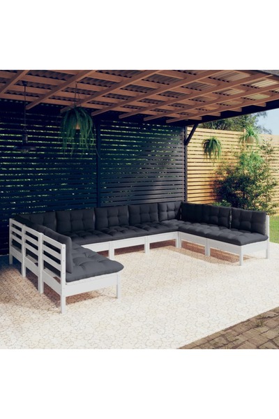vidaxl Set mobilier gradina cu perne, 9 piese, alb, lemn masiv pin