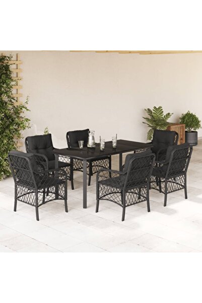 vidaxl Garden furniture set with cushions, 7 pieces, black, polyrattan