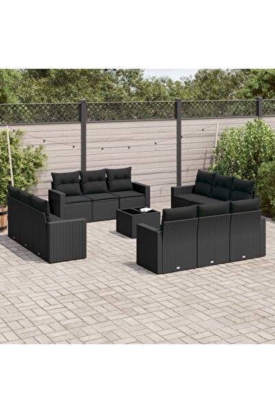 vidaxl Set mobilier de gradina cu perne, 13 piese, negru, poliratan