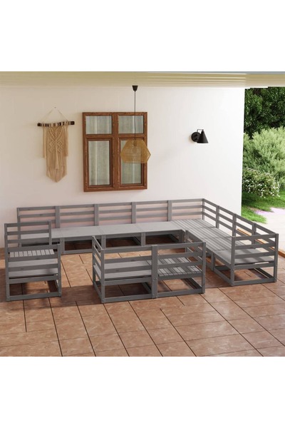 vidaxl Set mobilier de gradina, 12 piese, gri, lemn masiv de pin