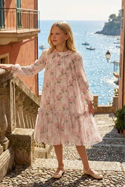 Pamina Girls Summer Dress Chiffon Lined Long Sleeve Dress - Ecru