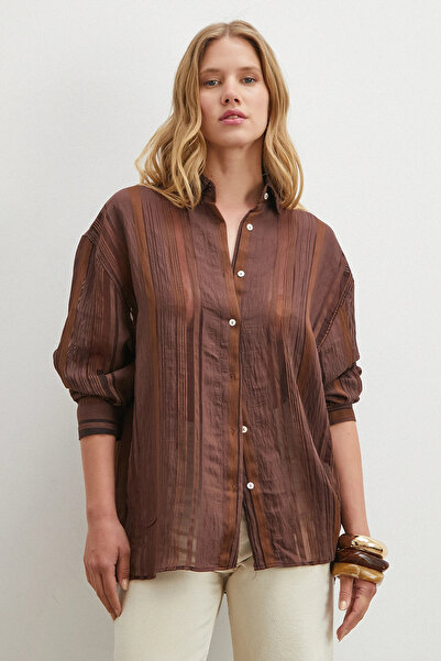 Never more Transparent patterned organza shirt coffee