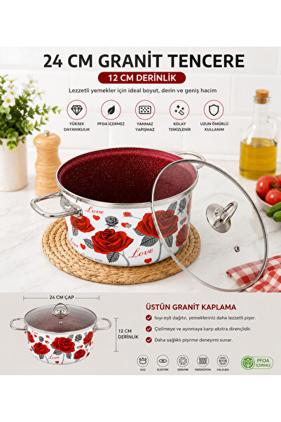 Net Çelik Granit Kaplamalı Cam Kapaklı 24 cm Derin Emaye Tencere